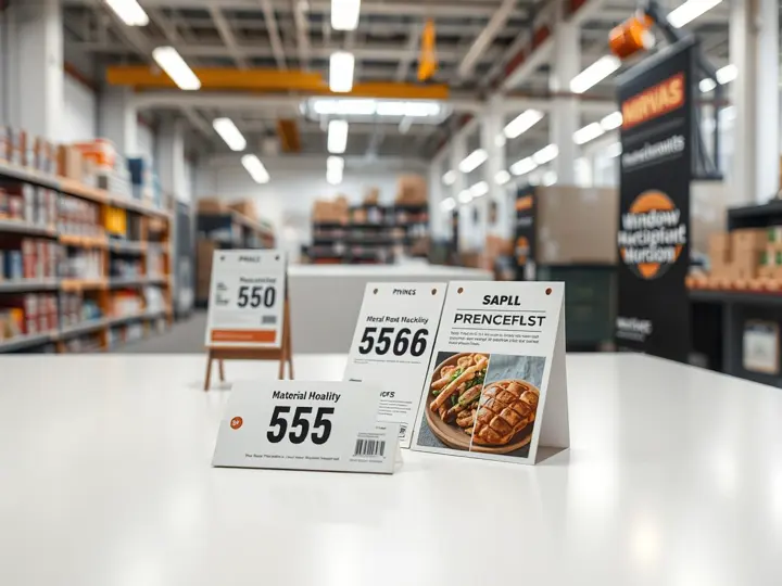 门店物料样品集合，包括价签、菜单、展架和橱窗贴